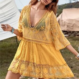 NWT Bohemian Sun Kissed Yellow Floral Lace Beach Cover-Up